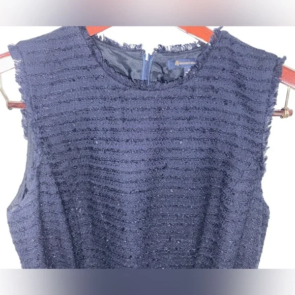 Brooks Brothers Navy Tweed Fringe Sleeveless Dress Belted Size 12 - Picture 3 of 9